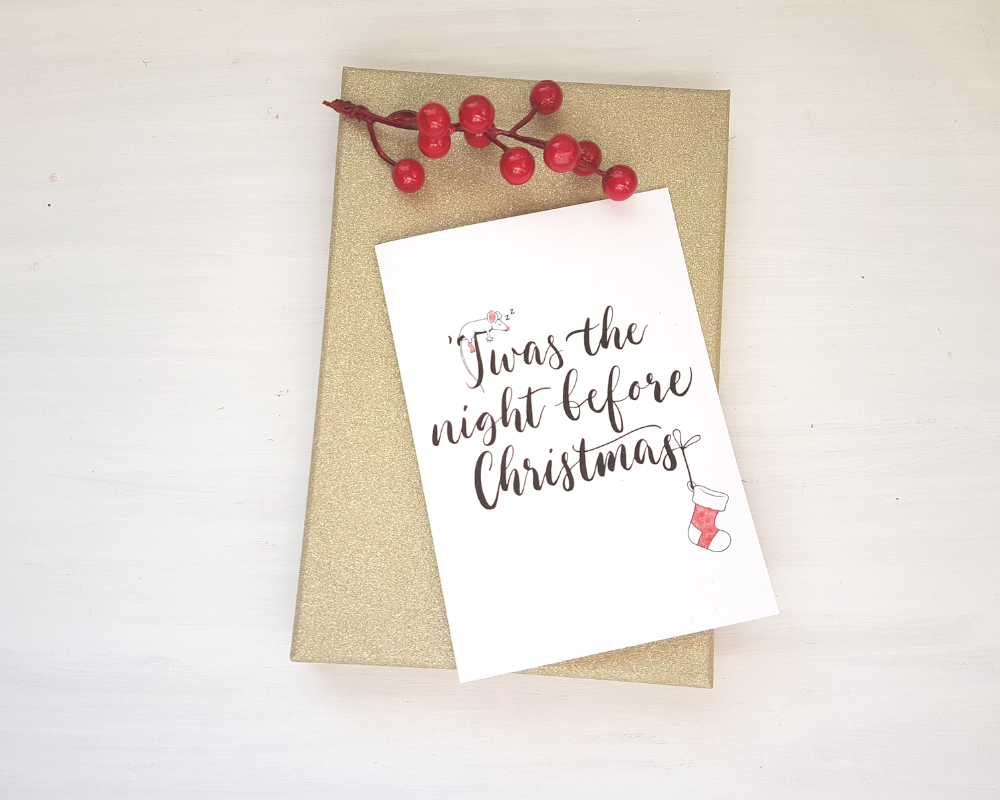 Poppleberry A6 'Night Before Christmas' Scandinavian - Inspired Folded Christmas Card with Xmas Stocking Illustration.