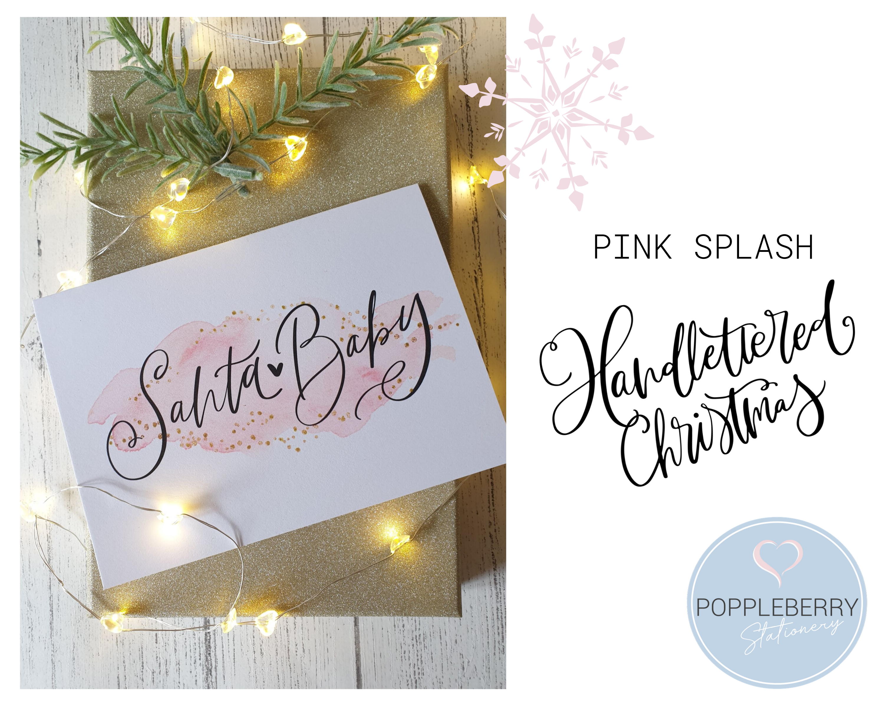 Poppleberry A6 'Santa Baby' Modern Pink Watercolour Splash Christmas Card with Gold Sparkle Glitter.