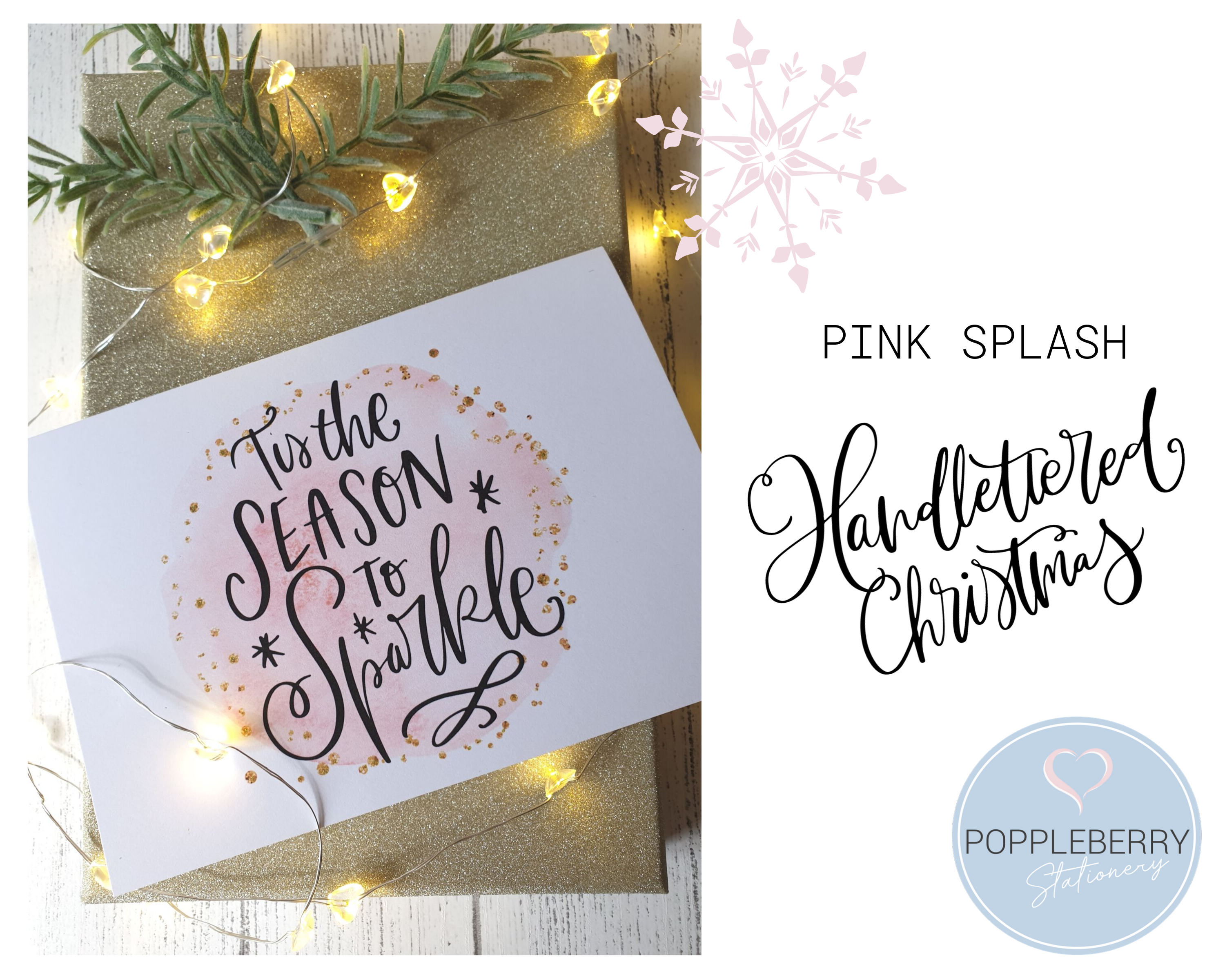 Poppleberry A6 'Tis the Season' Modern Pink Watercolour Splash Christmas Card with Gold Sparkle Glitter.