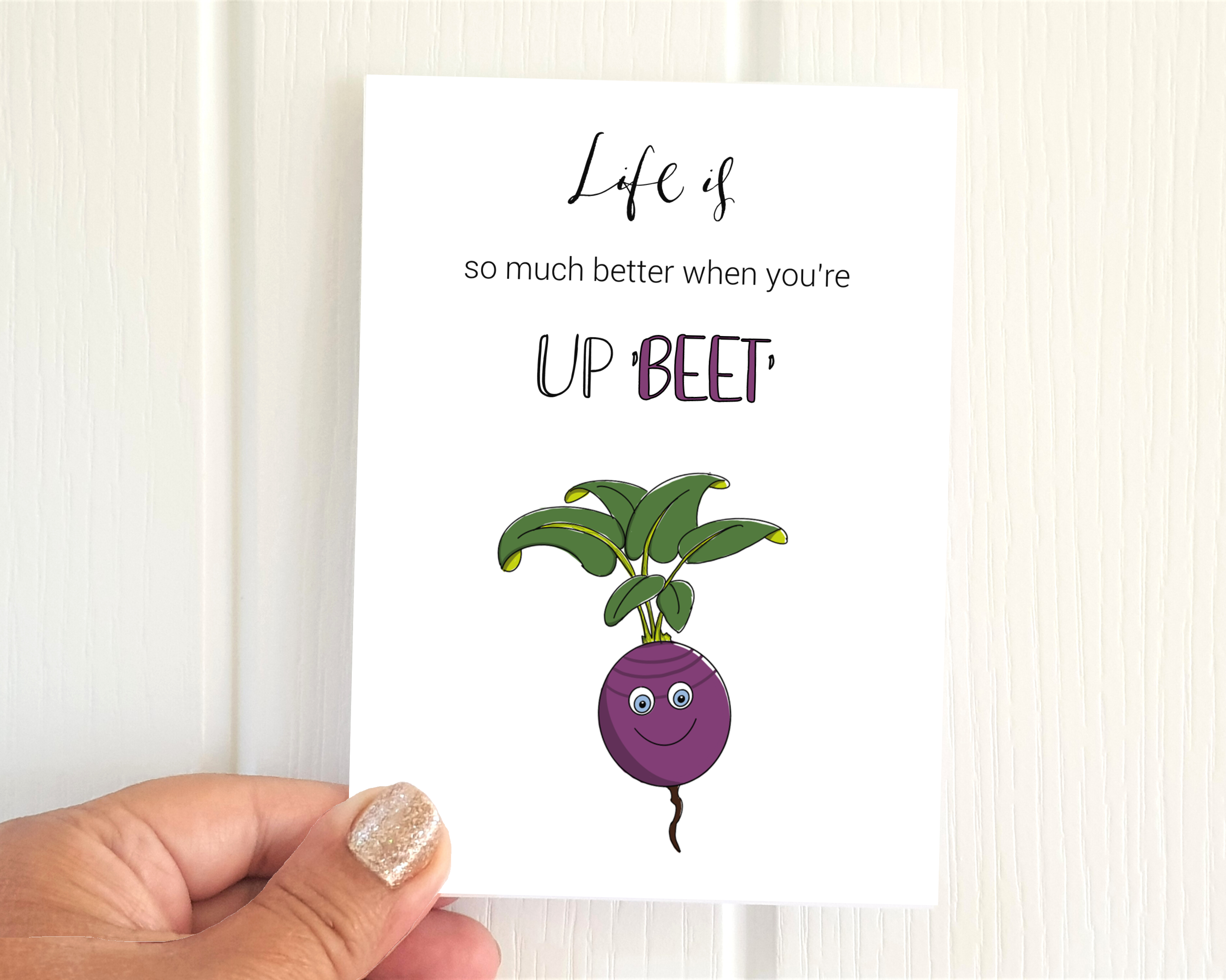 Poppleberry A6 'Life is up-'beet'' positivity postcard, with a purple beet illustration & pun, on white cardstock.