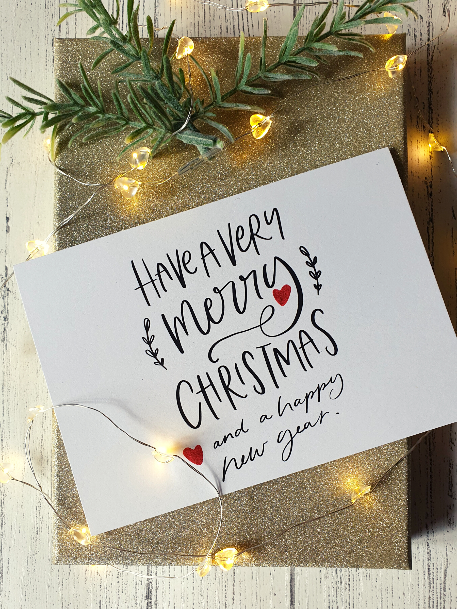 Poppleberry A6 Size 'Very Merry Christmas' Red Heart Calligraphy Folded Christmas Card.