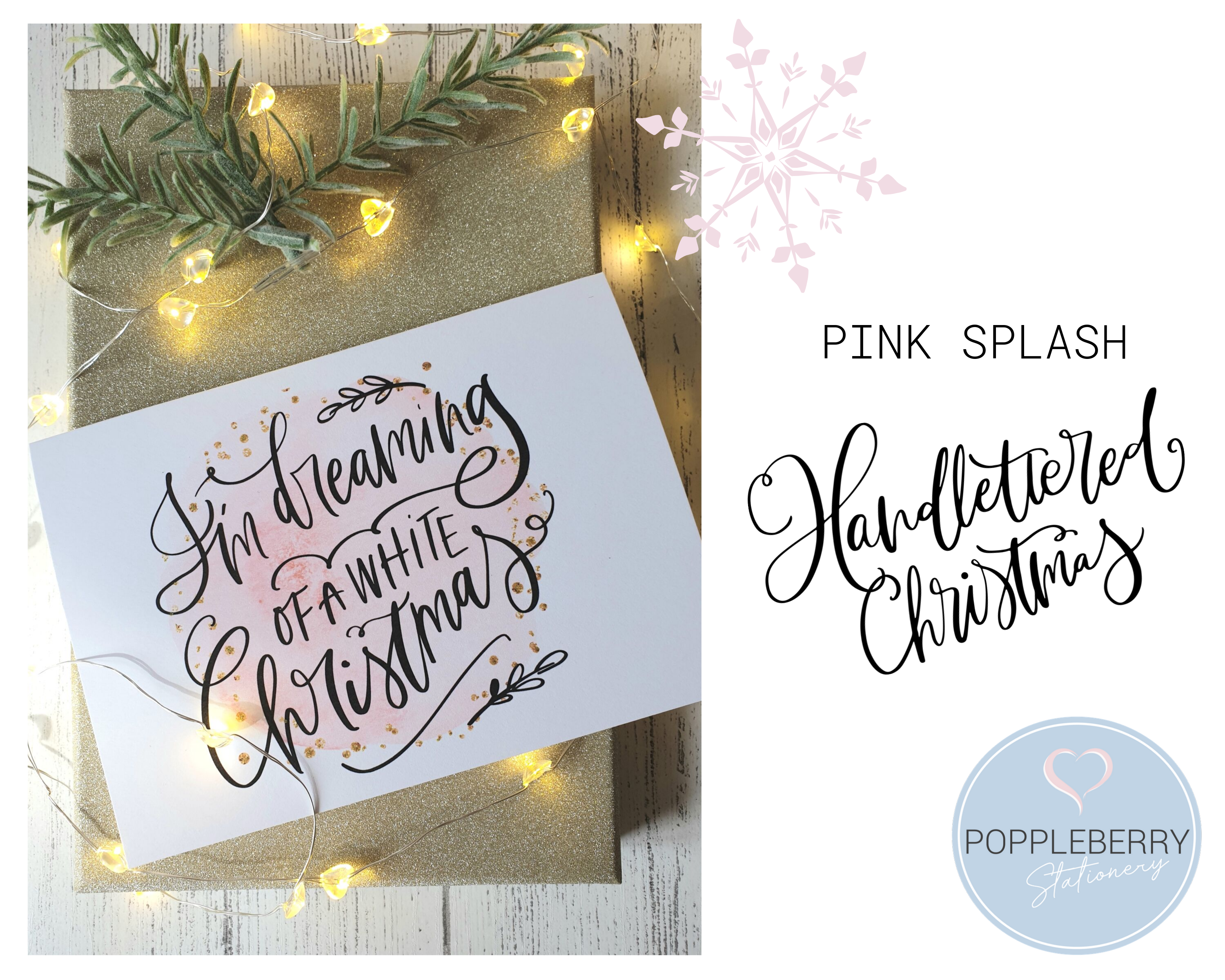 Poppleberry A6 'White Christmas' Modern Pink Watercolour Splash Christmas Card with Gold Sparkle Glitter.