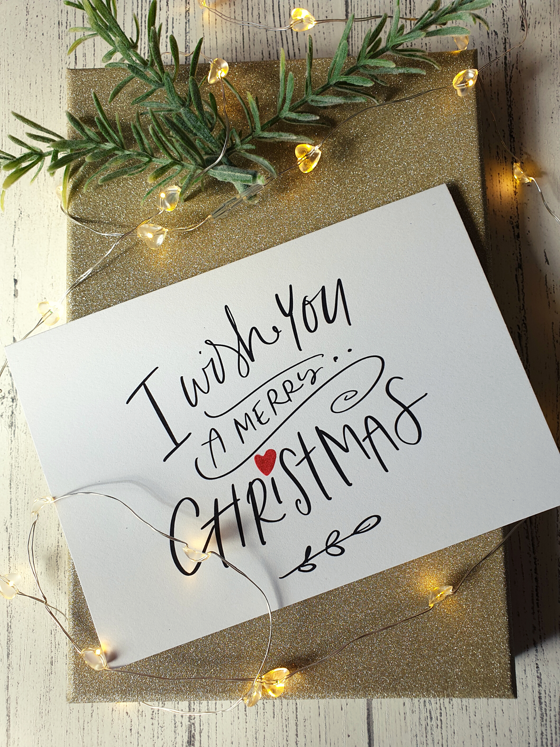 Poppleberry A6 Size 'Wish You a Merry Christmas' Red Heart Calligraphy Folded Christmas Card.