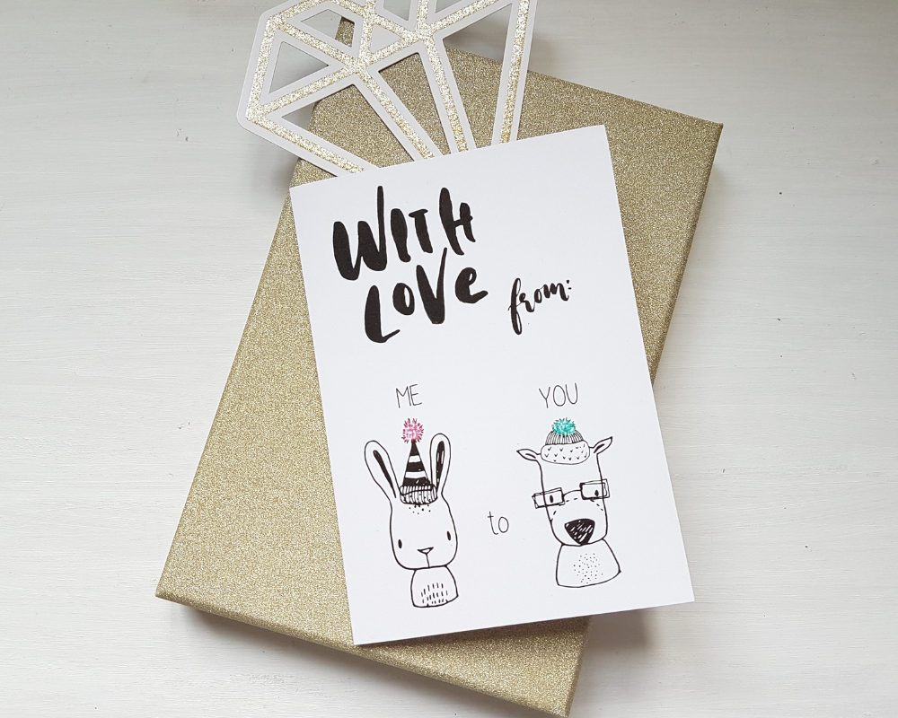 Poppleberry A6 'With Love From' Scandinavian - Inspired Folded Christmas Card with Reindeer & Bunny Illustrations.