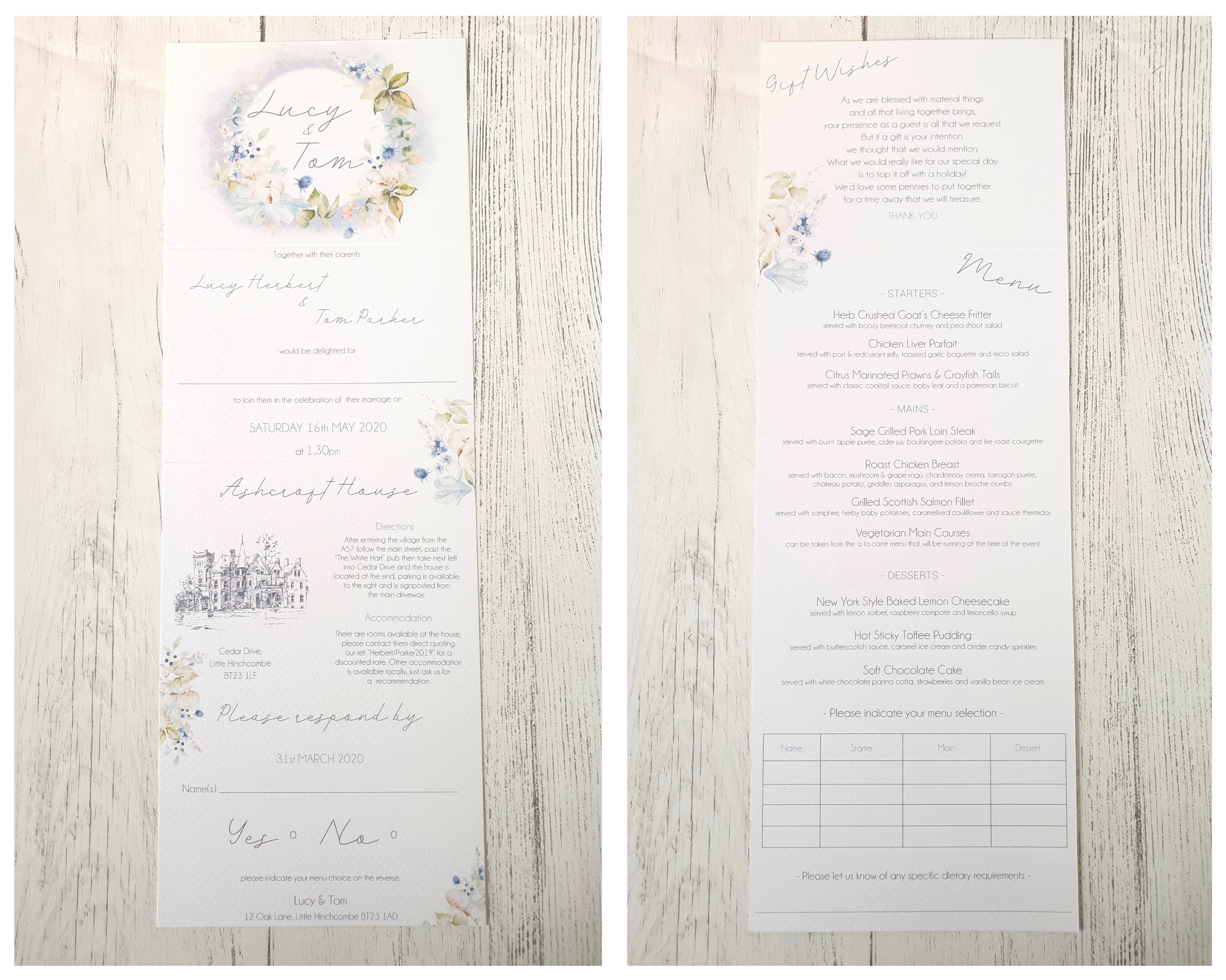 Front & back of an unfolded dusty blue & cotton A6 Poppleberry accordion fold all-in-one wedding invitation.