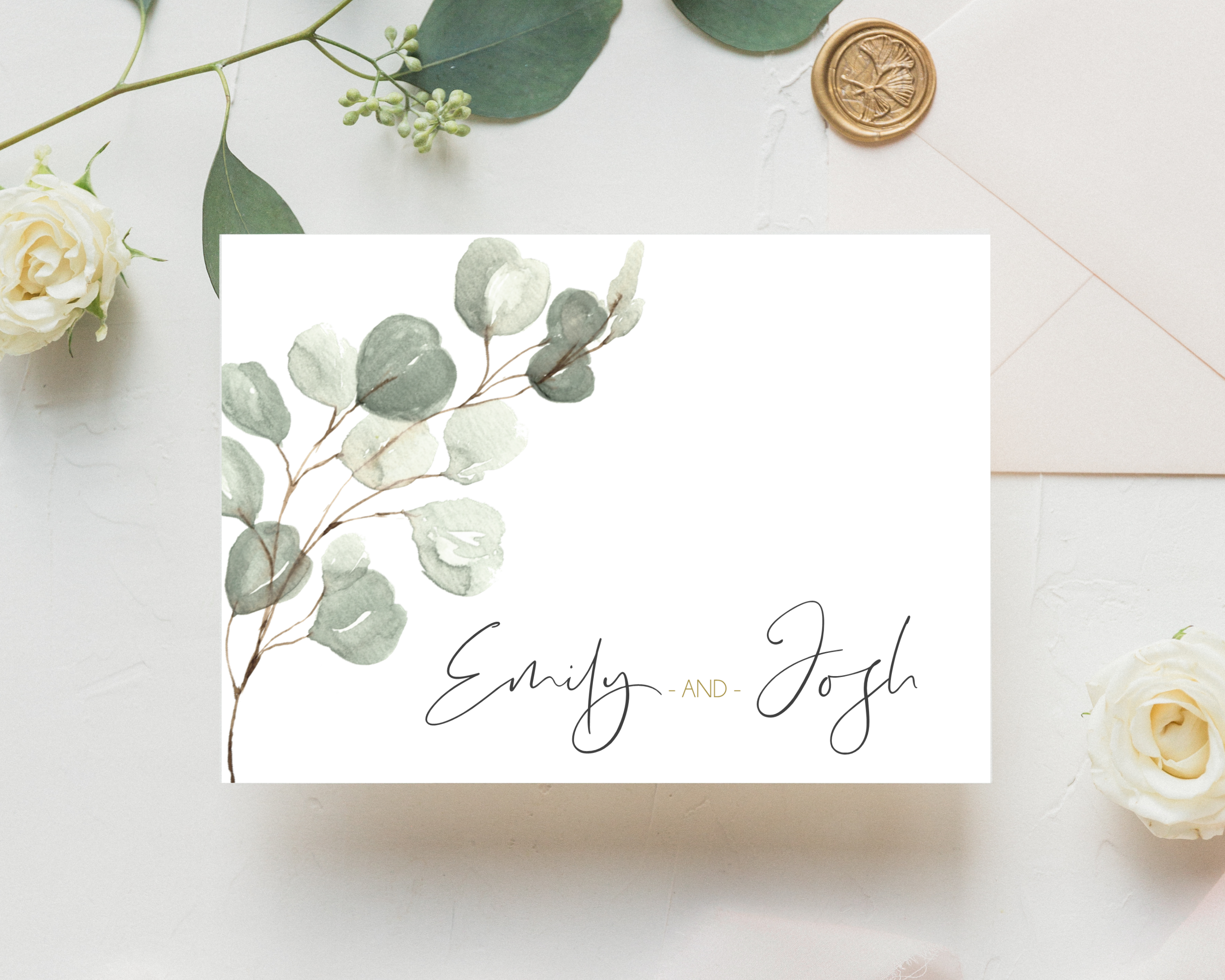 Close-up of a green eucalyptus A6 Poppleberry accordion fold all-in-one wedding invitation, folded with a wax seal