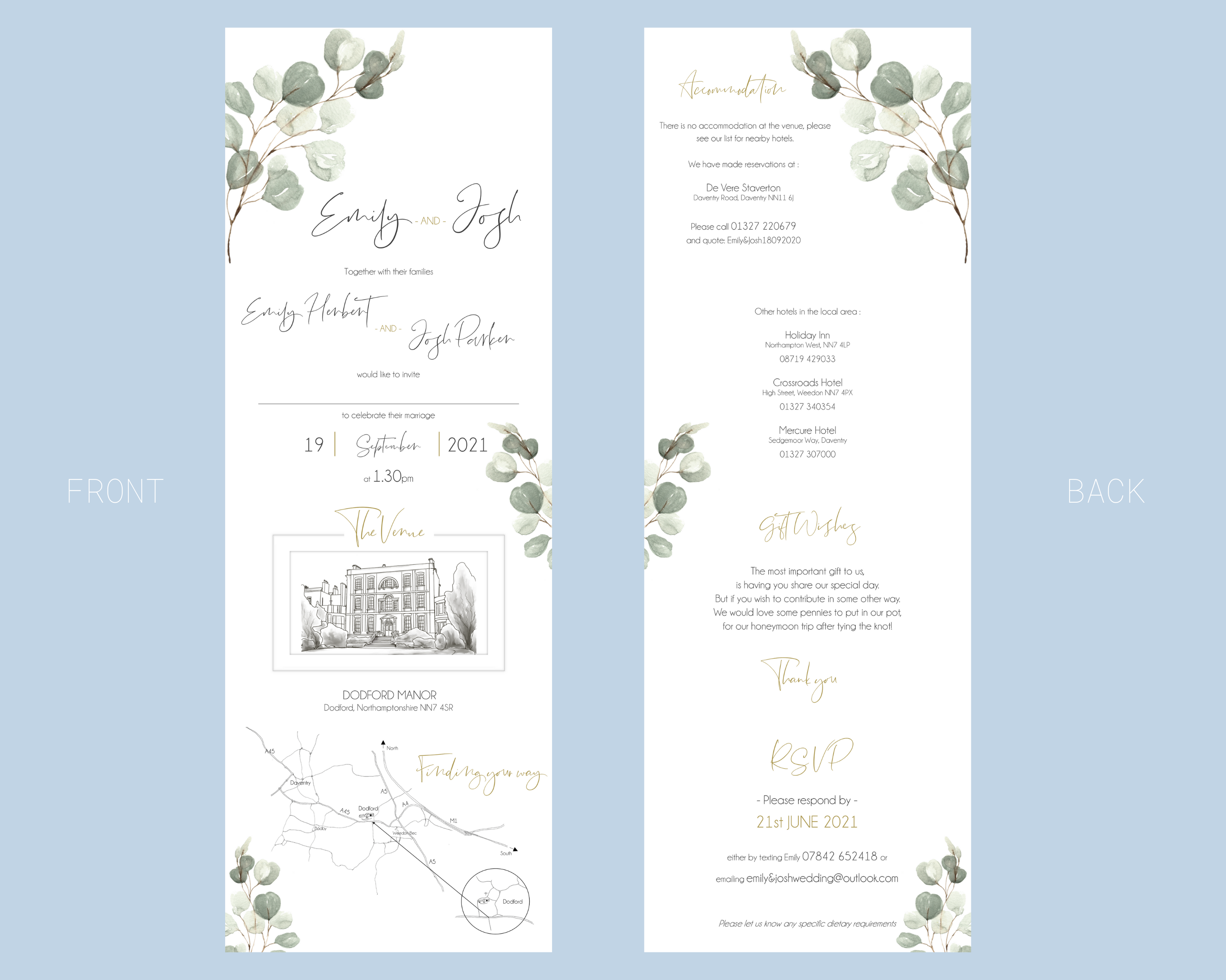 Front & back of a green eucalyptus A6 Poppleberry accordion fold all-in-one wedding invitation, digitally unfolded