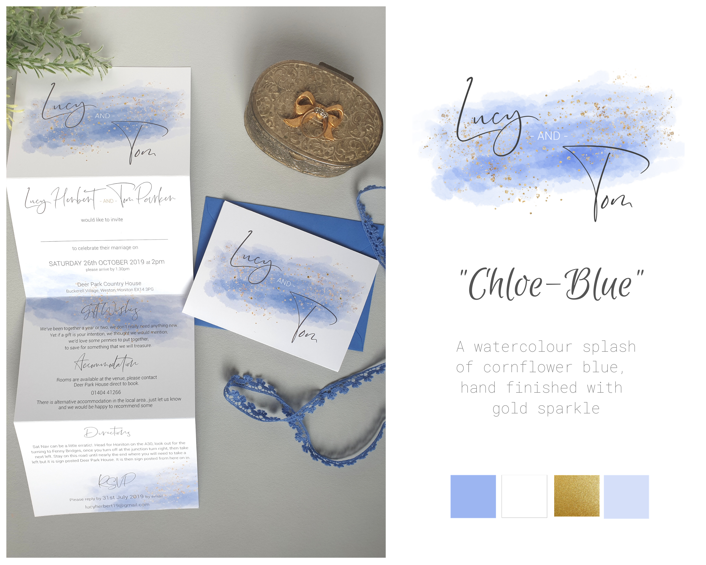 Watercolour blue splash A6 Poppleberry accordion fold all-in-one wedding invitation, folded & unfolded the with colours used.