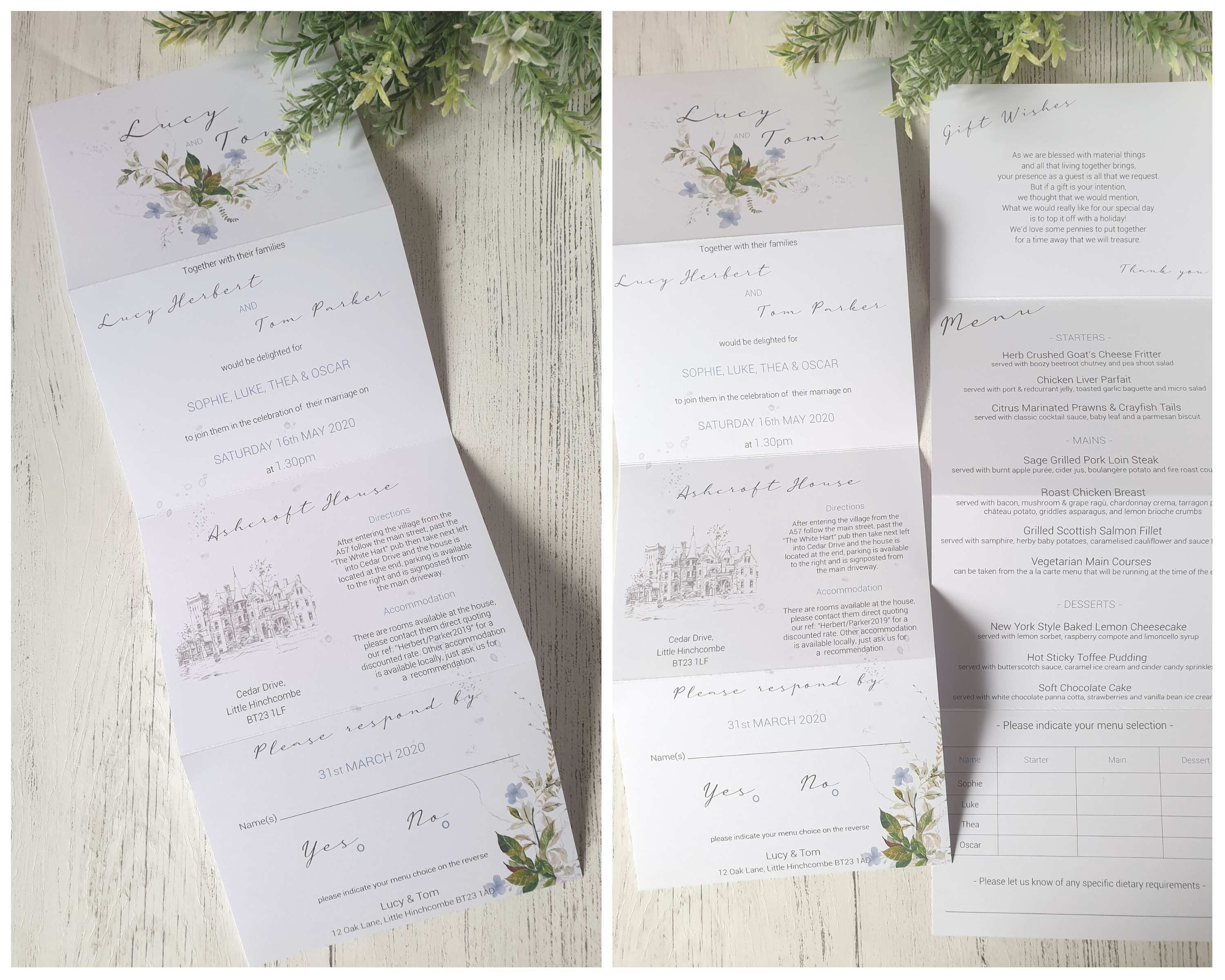 Both sides of a watercolour blue A6 Poppleberry accordion fold all-in-one wedding invitation, unfolded to show wedding info.