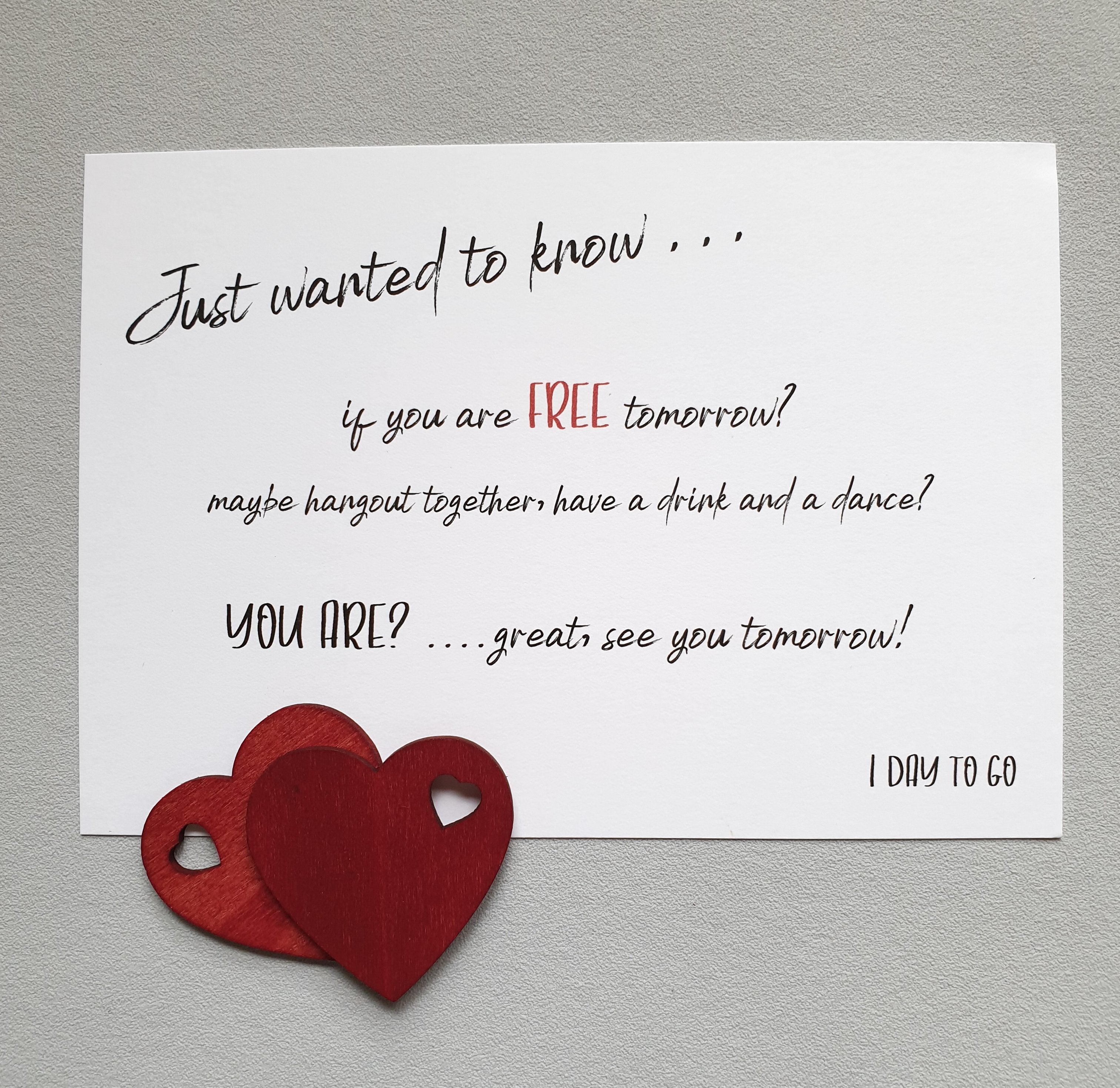 The '1 day to go' A6 Poppleberry wedding countdown postcard on white cardstock with funny / romantic message.