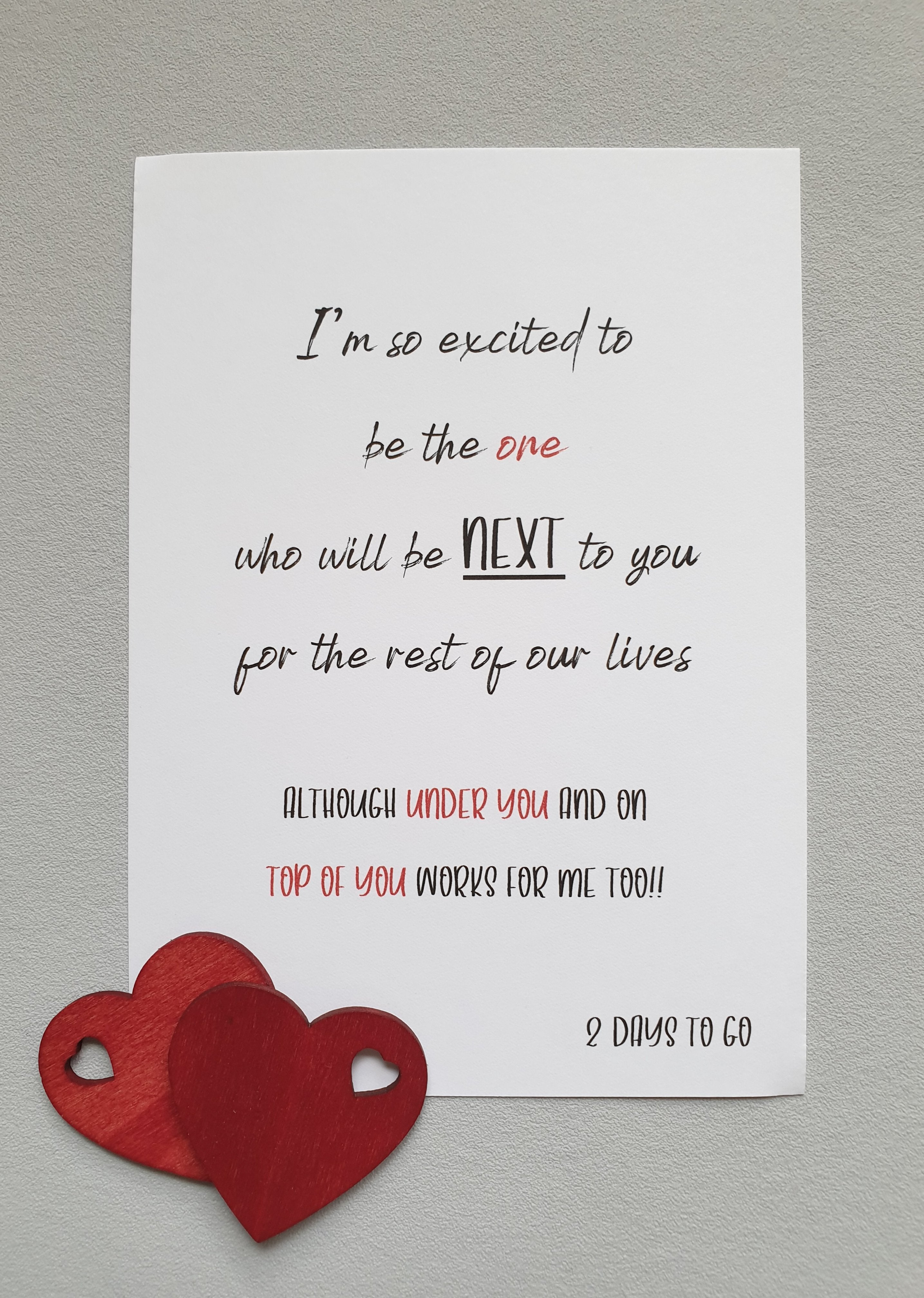The '2 days to go' A6 Poppleberry wedding countdown postcard on white cardstock with romantic message.
