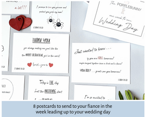 Selection of 8 A6 Poppleberry wedding countdown postcards on white cardstock, and a white presentation box