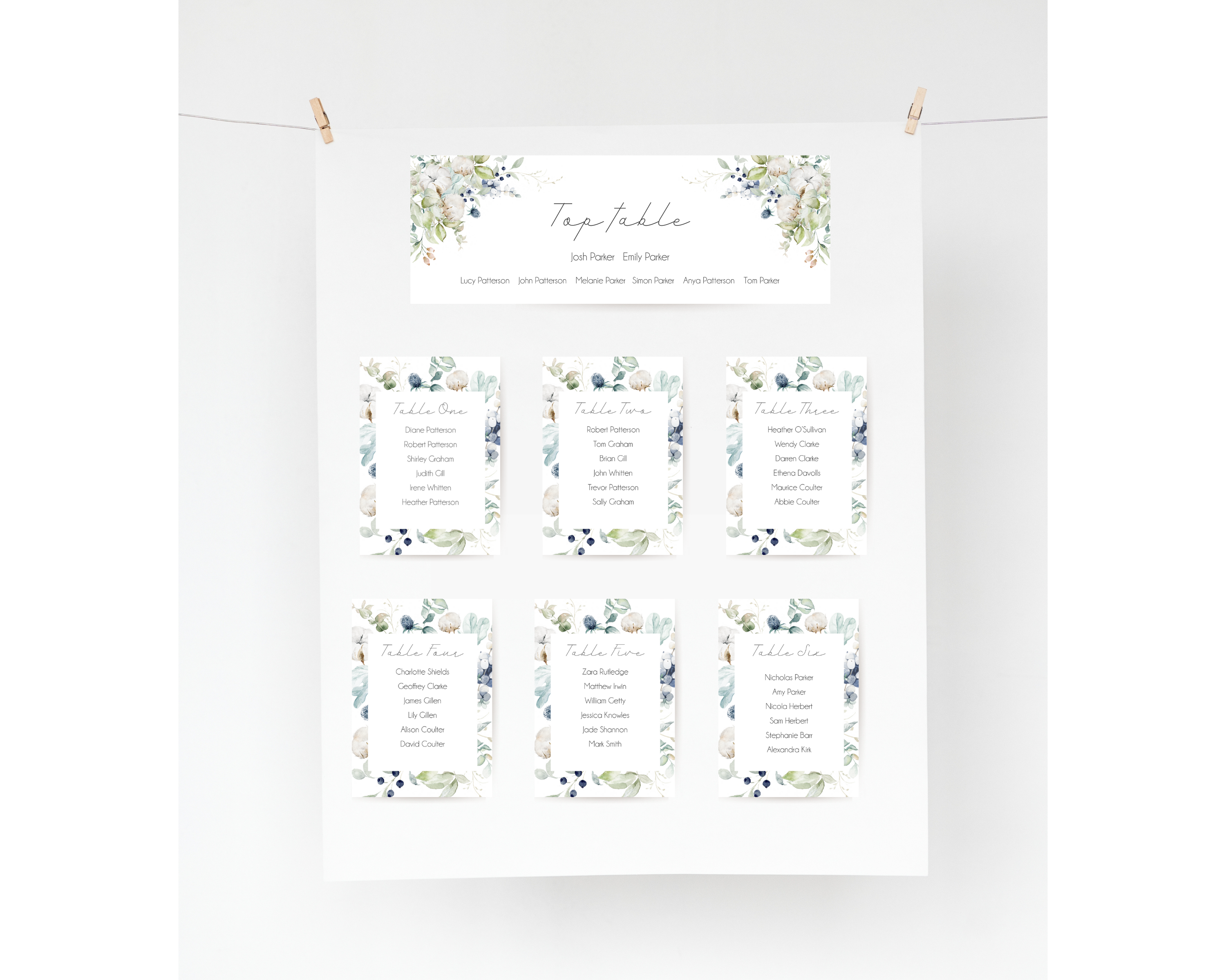 A set of Poppleberry dusty blue & cotton wedding table plan cards, including 'top table' and 'A6 table' cards, hung on a card backing.
