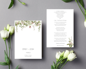 Open image in slideshow, Front &amp; back of a blush &amp; green floral A5 Poppleberry flat 2-page wedding order of service card.
