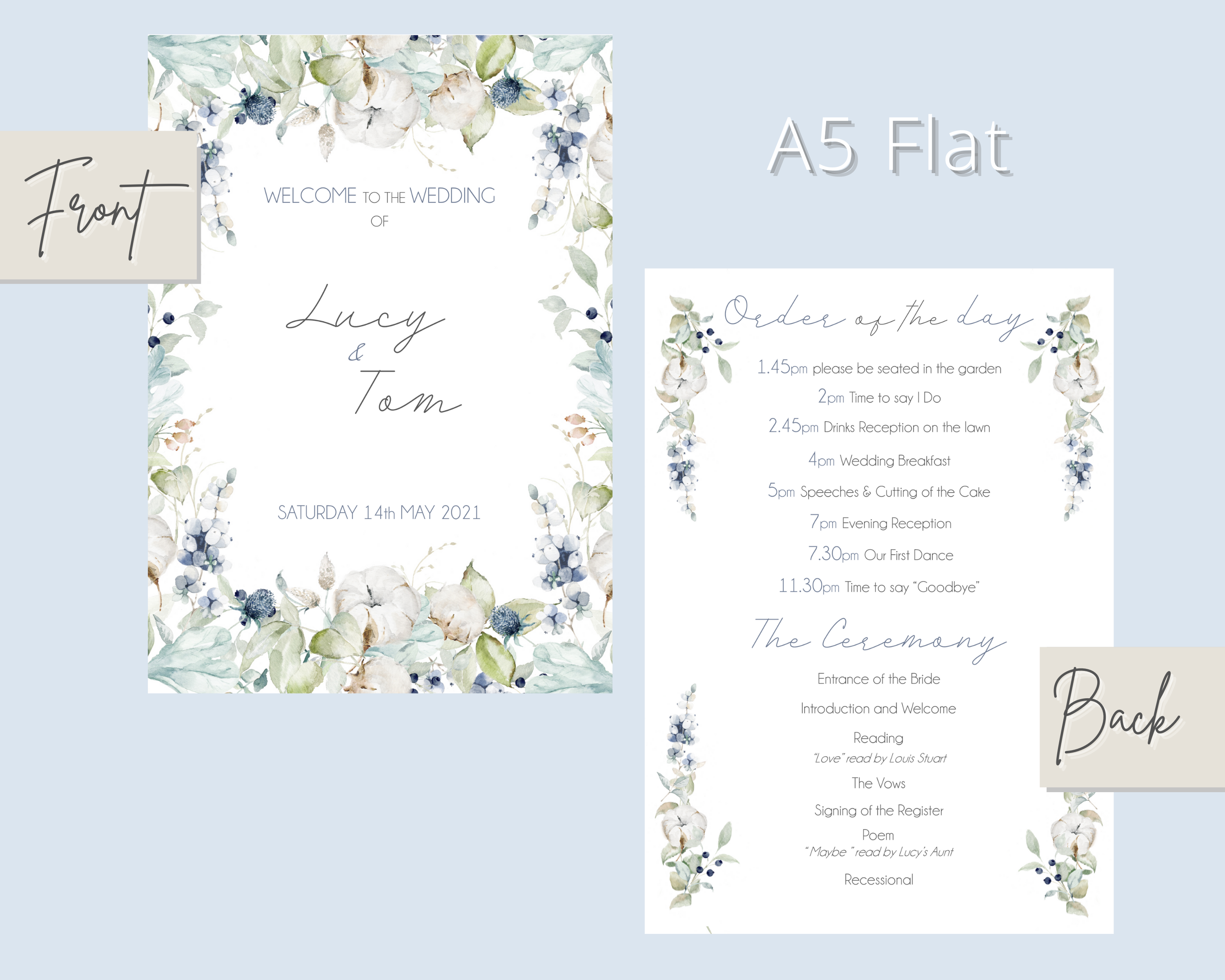 Designs (front and back) of A5 Poppleberry flat 2-page wedding order of service / order of the day card, on ivory cardstock.