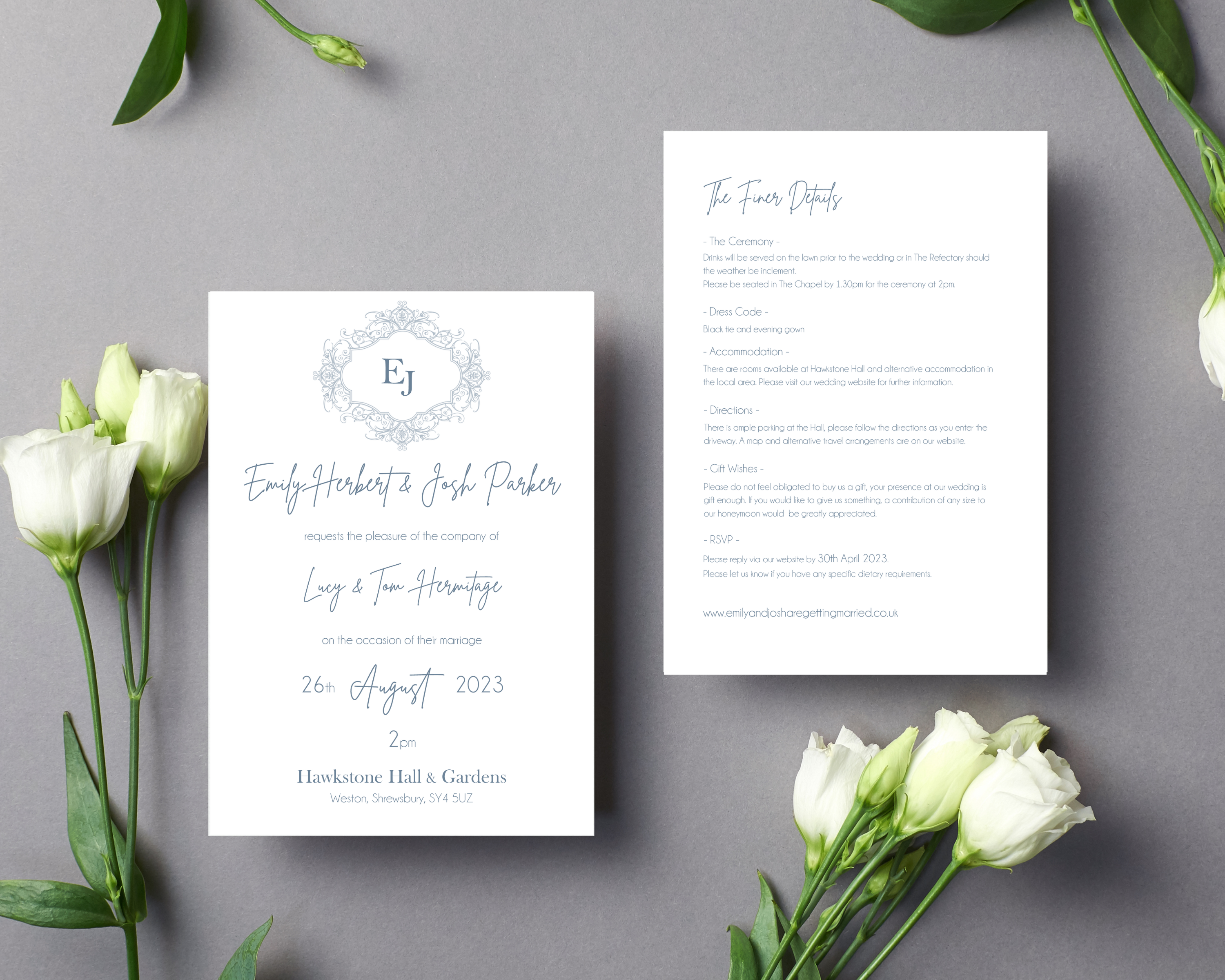 Close-up of a simple & elegant 5 x 7 inch Poppleberry flat, double-sided all-in-one wedding invitation, front & back.