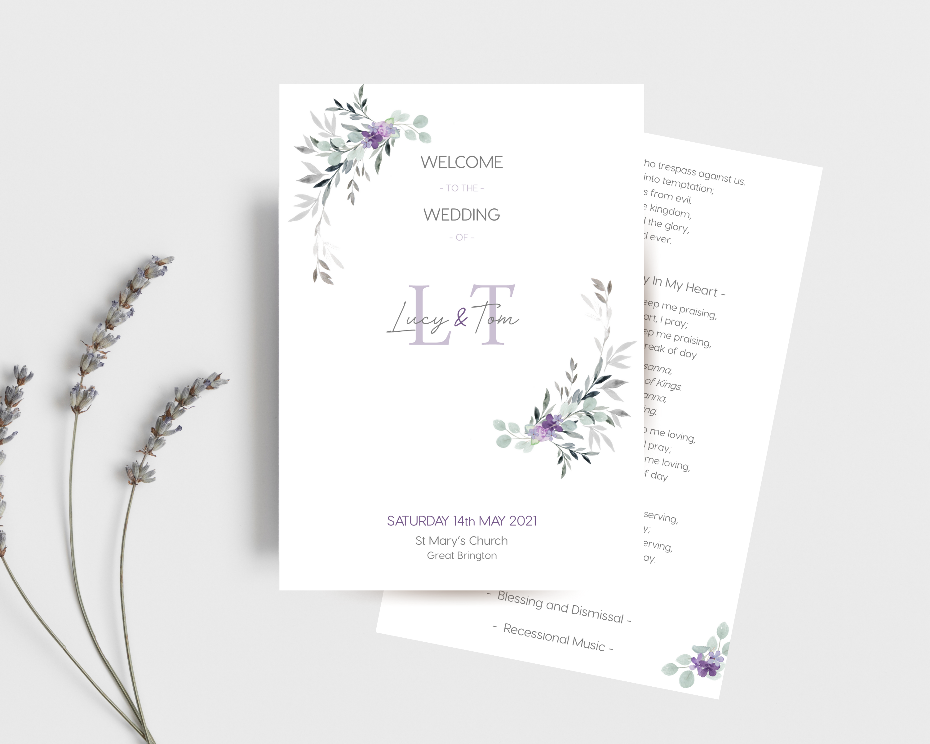 Front of a lilac & grey A5 Poppleberry wedding order of service / order of the day booklet, on white cardstock.