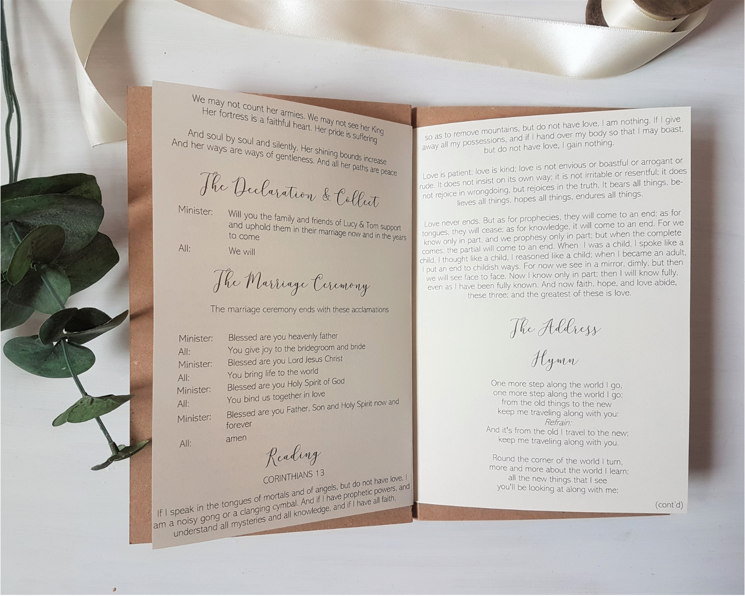 2nd & 3rd cream paper inserts of a rustic kraft brown A5 Poppleberry folded wedding order of service card, with grey writing