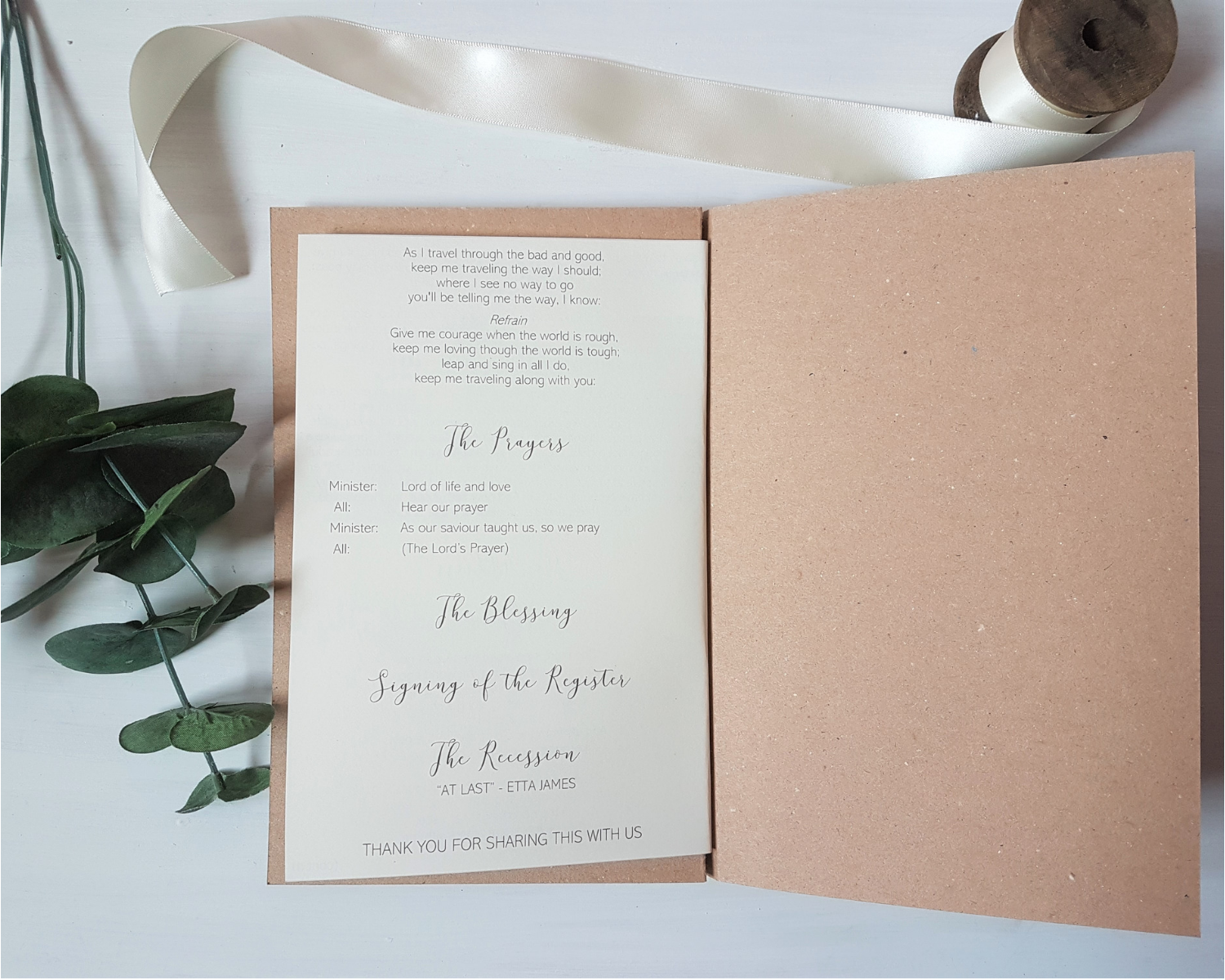 The 4th cream paper inserts of a rustic kraft brown A5 Poppleberry folded wedding order of service card, with grey writing