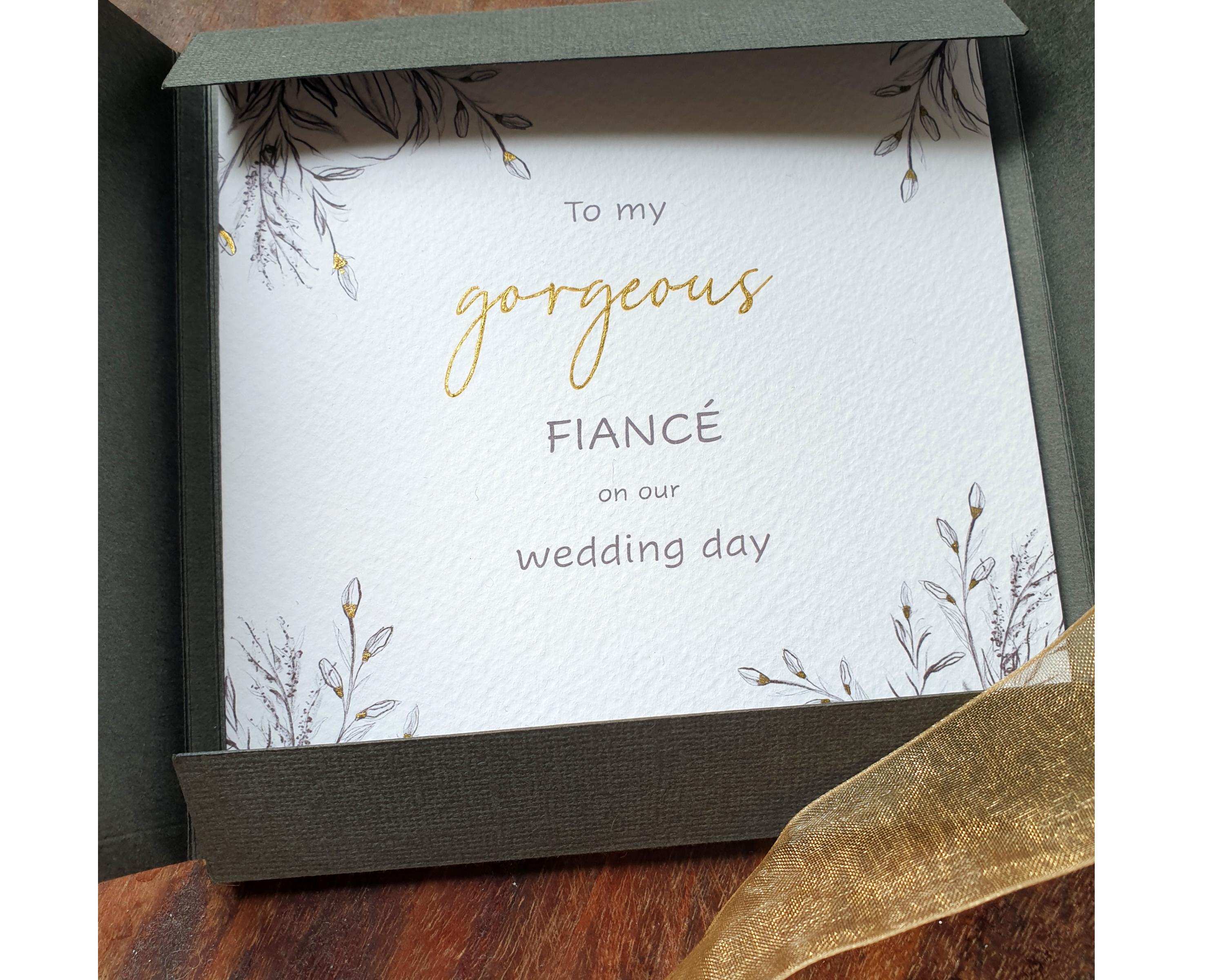 A Poppleberry square luxury charcoal-design wedding day card, kept inside the matching presentation box.