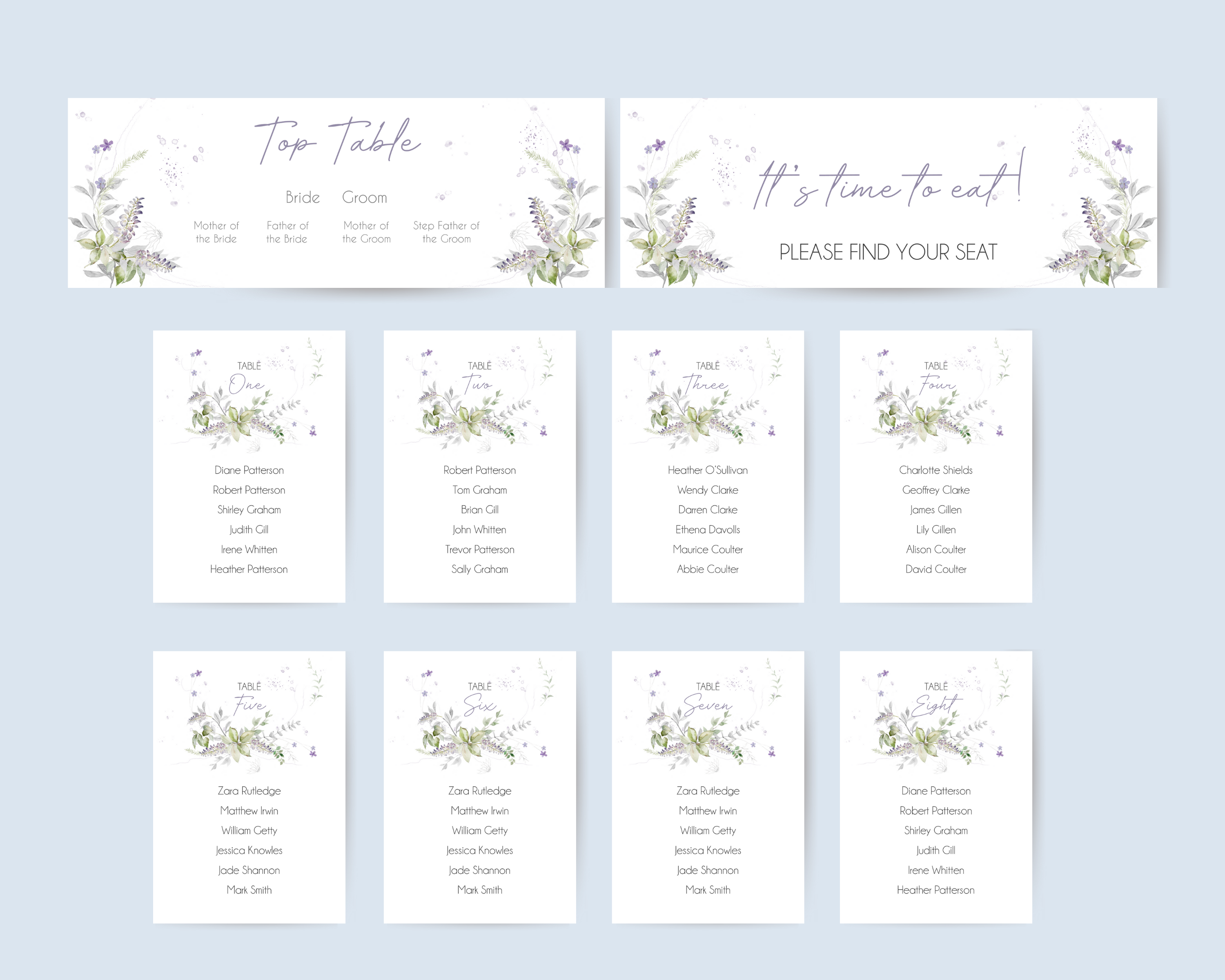 A set of Poppleberry lavender & greenery wedding table plan cards, including 'find your seat', 'top table' and 'A6 table' cards, on a plain background.