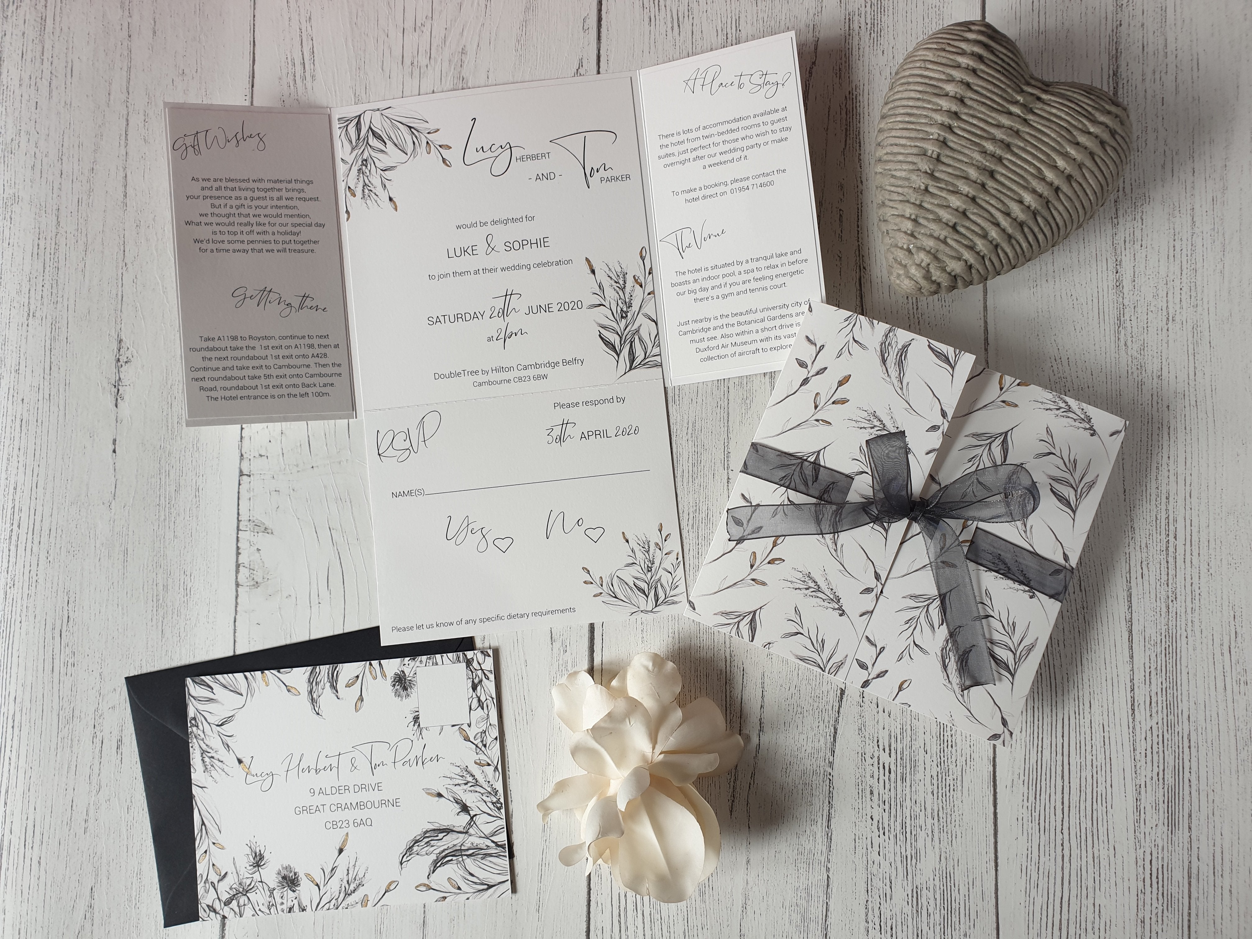 Charcoal wildflower sketch Poppleberry gate-fold wedding invitation set, folded & unfolded with black organza bow & RSVP