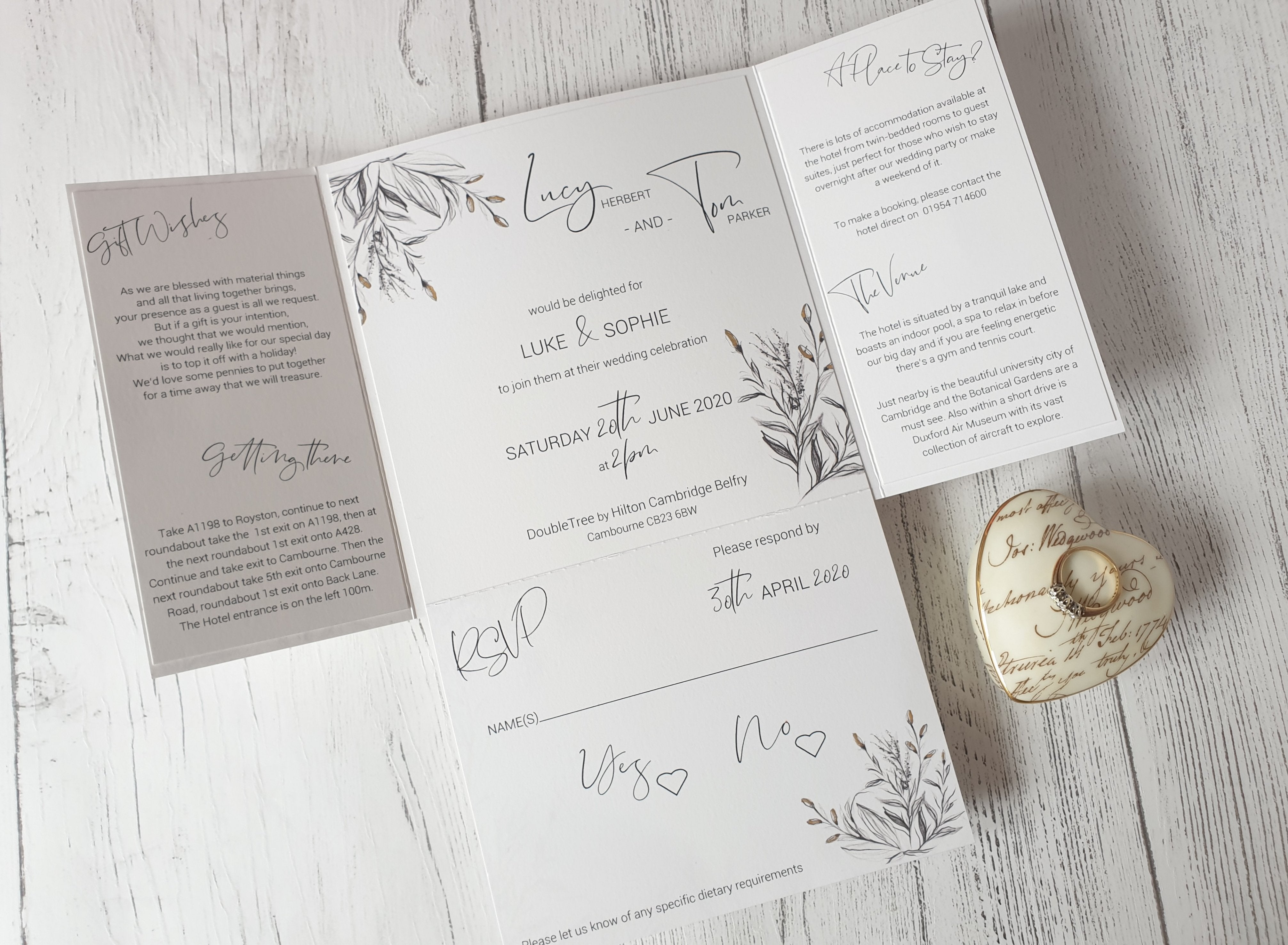 Charcoal wildflower sketch Poppleberry gate-fold wedding invitation set, unfolded to reveal details and the detachable RSVP