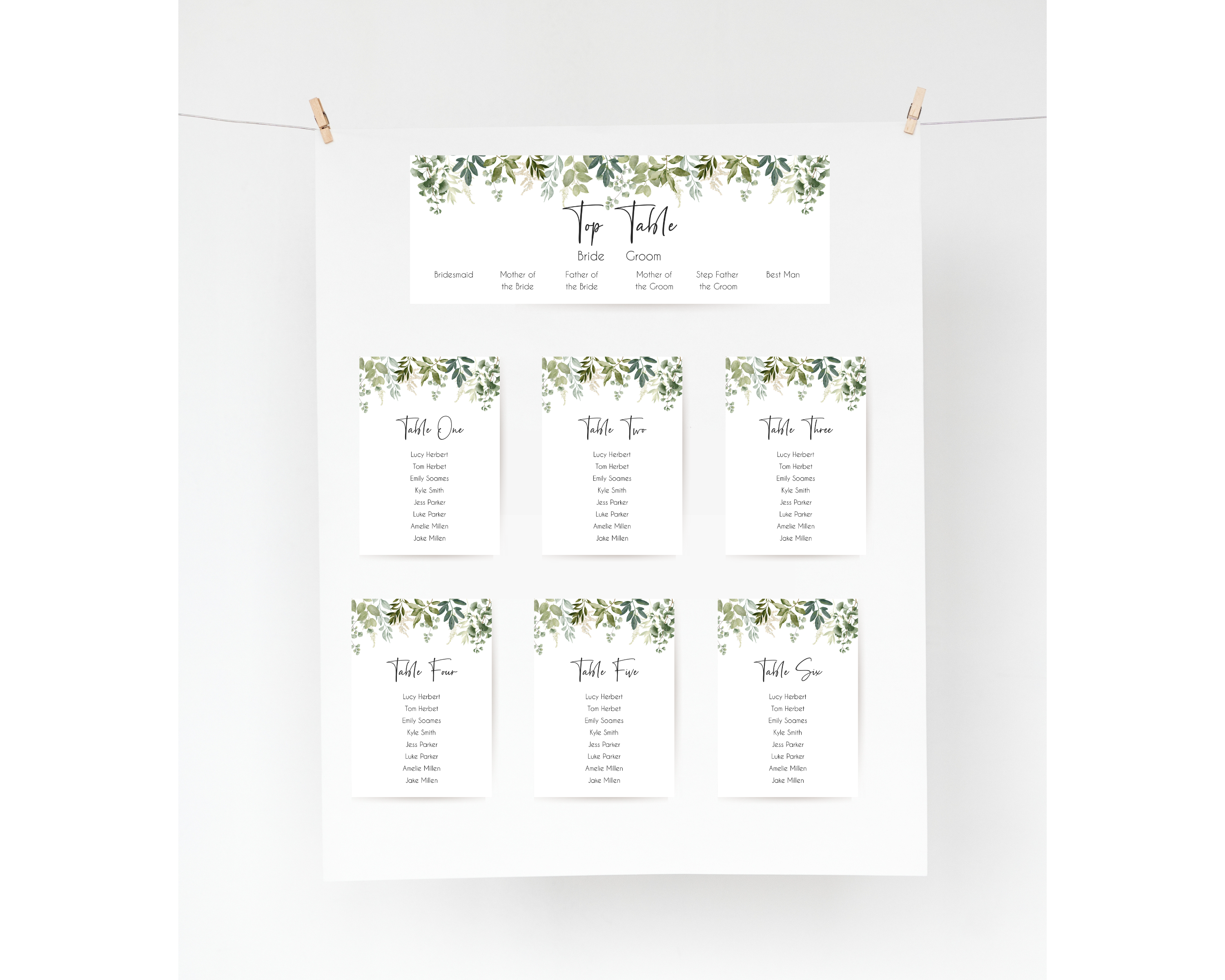 A set of Poppleberry greenery & eucalyptus wedding table plan cards, including 'top table' and 'A6 table' cards, hung on a card backing.