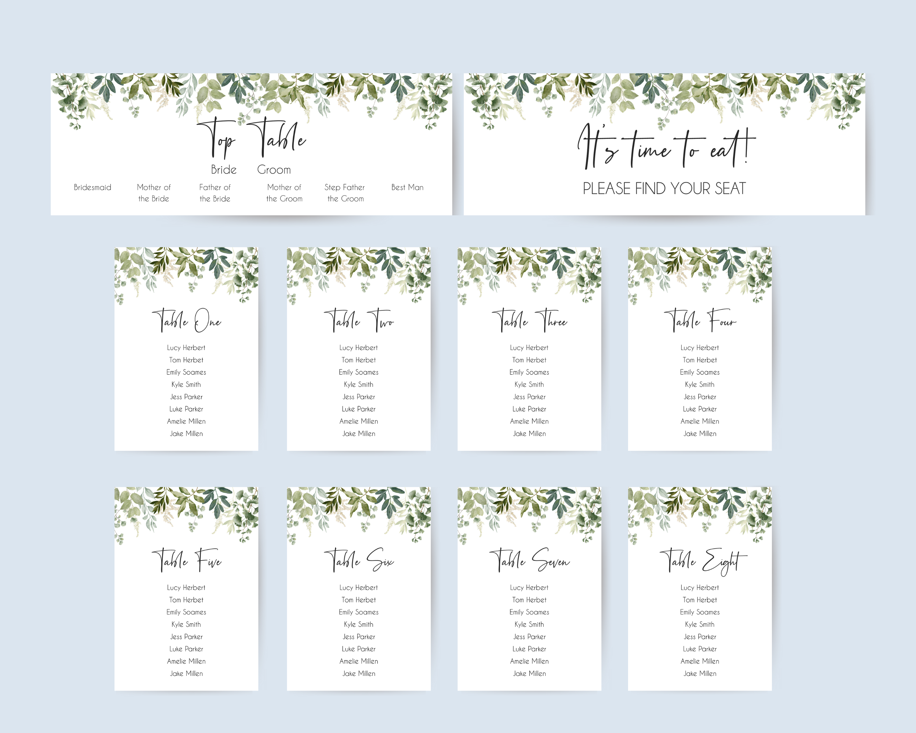 A set of Poppleberry greenery & eucalyptus wedding table plan cards, including 'find your seat', 'top table' and 'A6 table' cards, on a plain background.