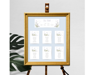 A set of Poppleberry lavender & greenery wedding table plan cards, including 'top table' and 'A6 table' cards, framed.
