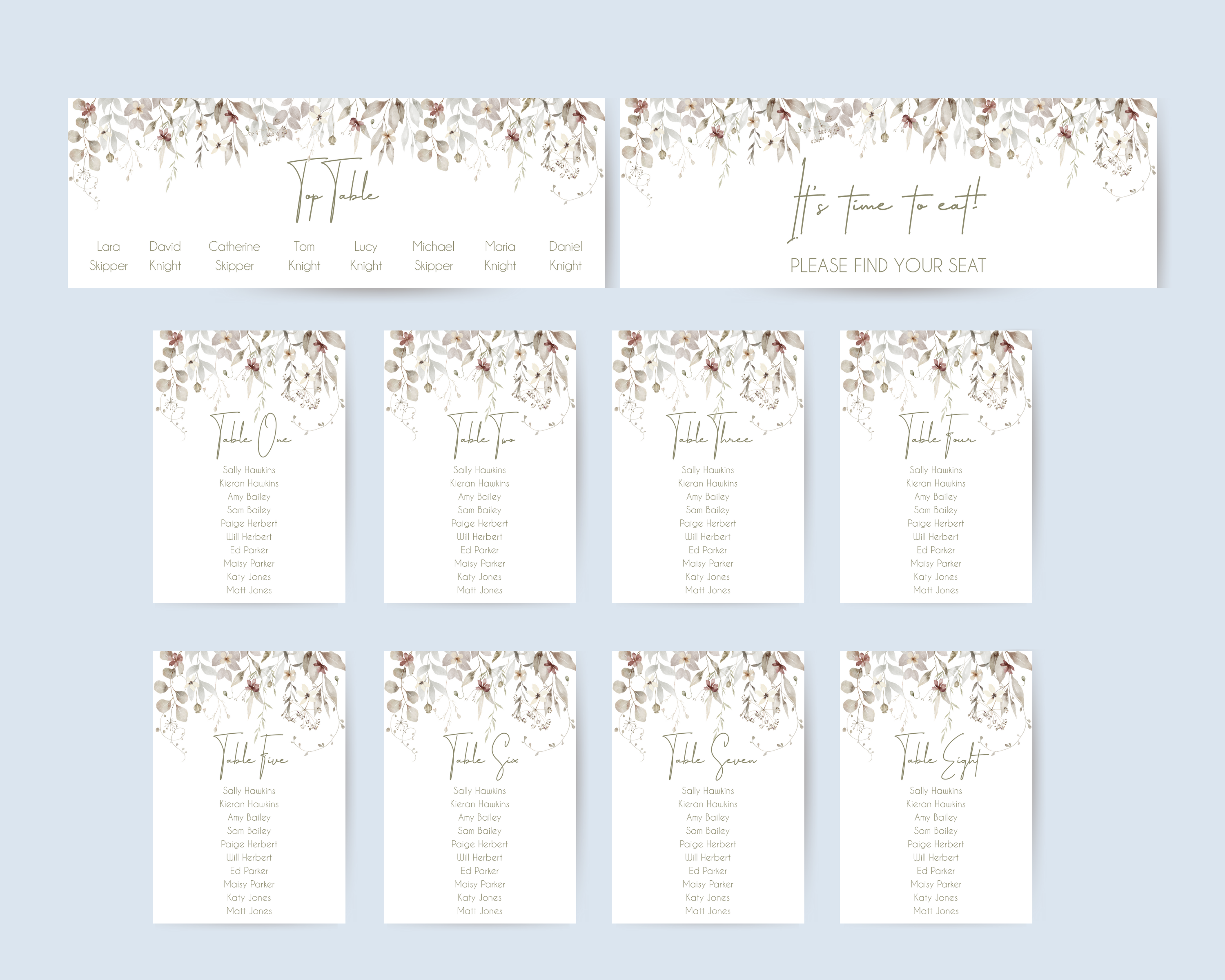 A set of Poppleberry neutral-shaded foliage wedding table plan cards, including 'top table', 'find your seat' and 'A6 table' cards, on a plain background.