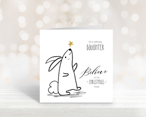 Open image in slideshow, Poppleberry Believe Bunny &amp; Golden Star Illustration &#39;Daughter&#39; family Christmas Card, on square White Cardstock.
