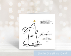 Poppleberry Believe Bunny & Golden Star Illustration 'Grandaughter' family Christmas Card, on square White Cardstock.