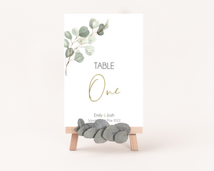 Open image in slideshow, A Poppleberry watercolour eucalyptus wedding table number card, for &#39;Table One&#39; of Emily &amp; Josh&#39;s wedding, in A6 size.
