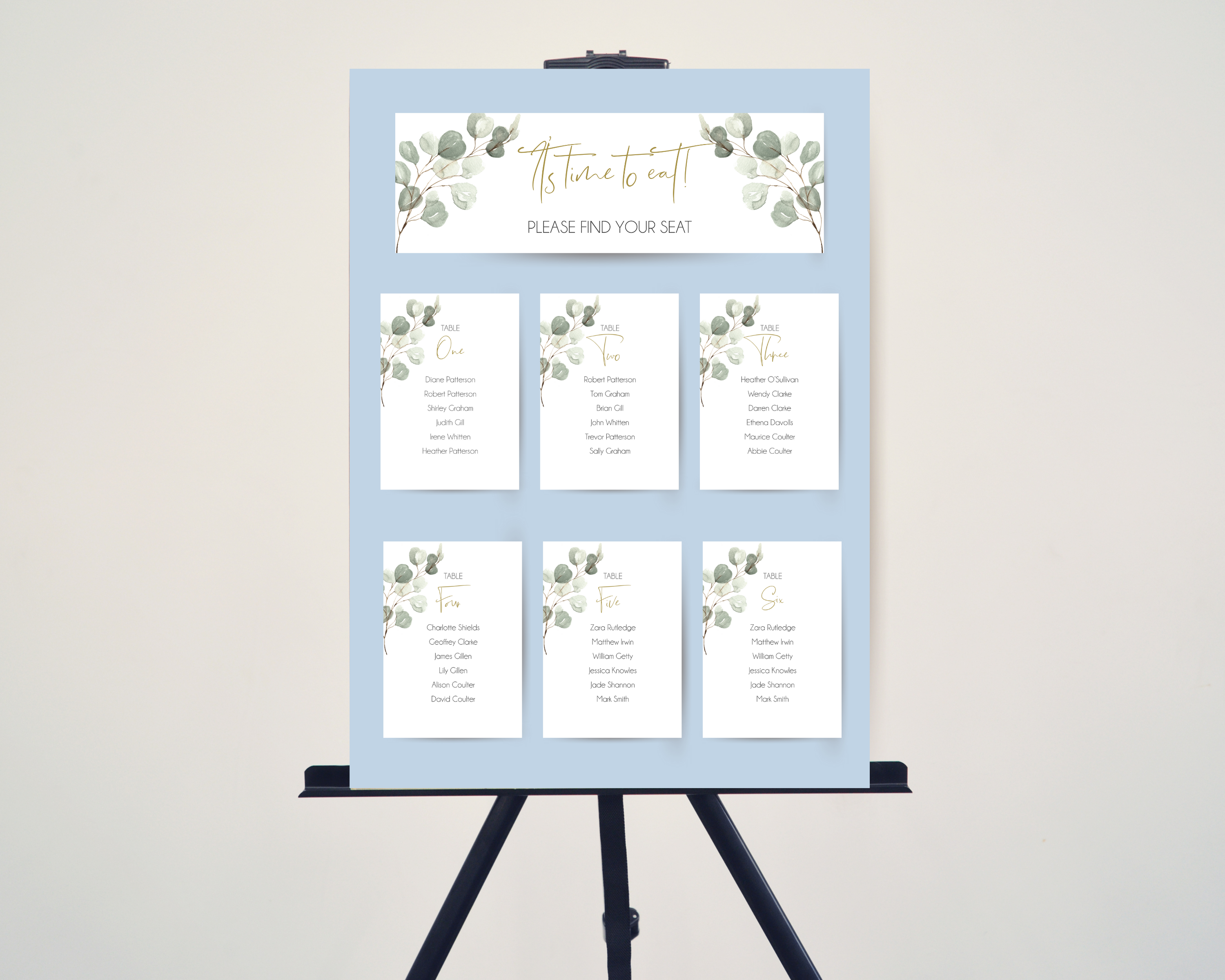 A set of Poppleberry watercolour eucalyptus wedding table plan cards, including 'top table' and 'A6 table' cards, on blue card backing & easel.