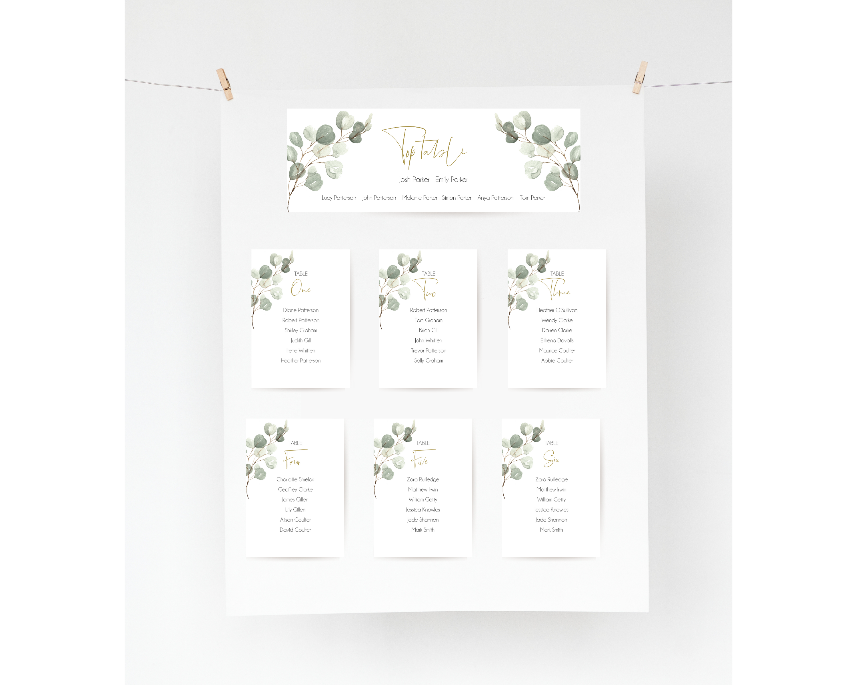 A set of Poppleberry watercolour eucalyptus wedding table plan cards, including 'top table' and 'A6 table' cards, hung on card backing.