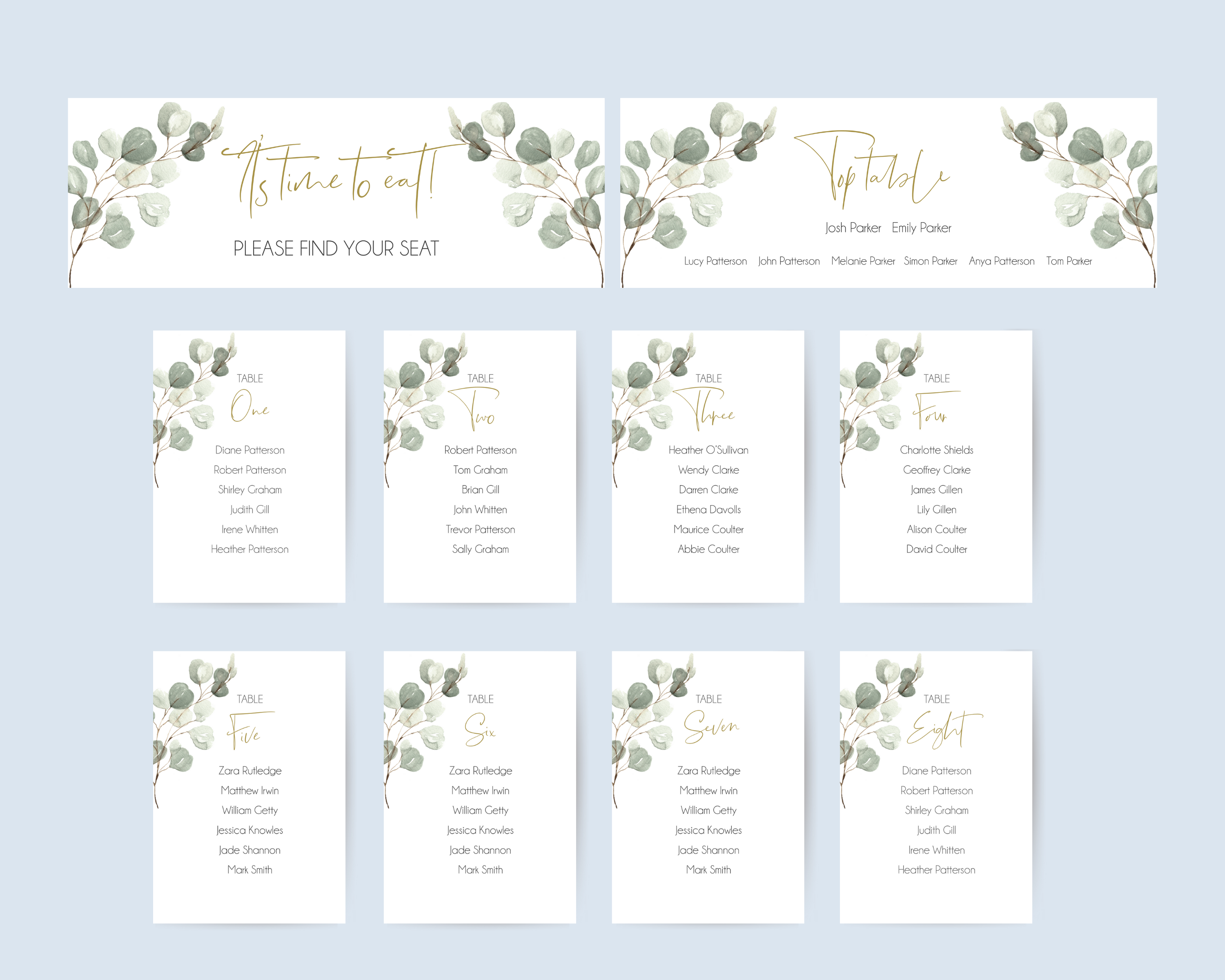 A set of Poppleberry watercolour eucalyptus wedding table plan cards, including 'top table', 'find your seat' and 'A6 table' cards, on plain background.