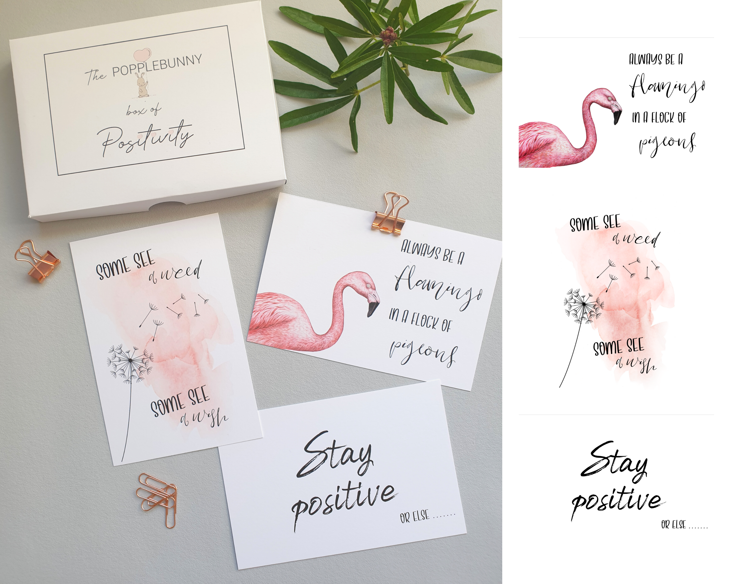 3 Poppleberry A6 positivity postcards, with pink illustrations, uplifting messages and presentation box, on white cardstock.