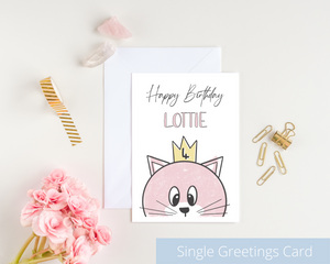 Open image in slideshow, Poppleberry A6 folded birthday card, with a personalised pink cat illustration, on white cardstock and white envelope.
