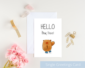 Open image in slideshow, Poppleberry A6 folded greetings card, with a waving brown bear illustration, on white cardstock and white envelope.
