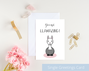 Open image in slideshow, Poppleberry A6 folded greetings card, with a smiling grey llama illustration, on white cardstock and white envelope.
